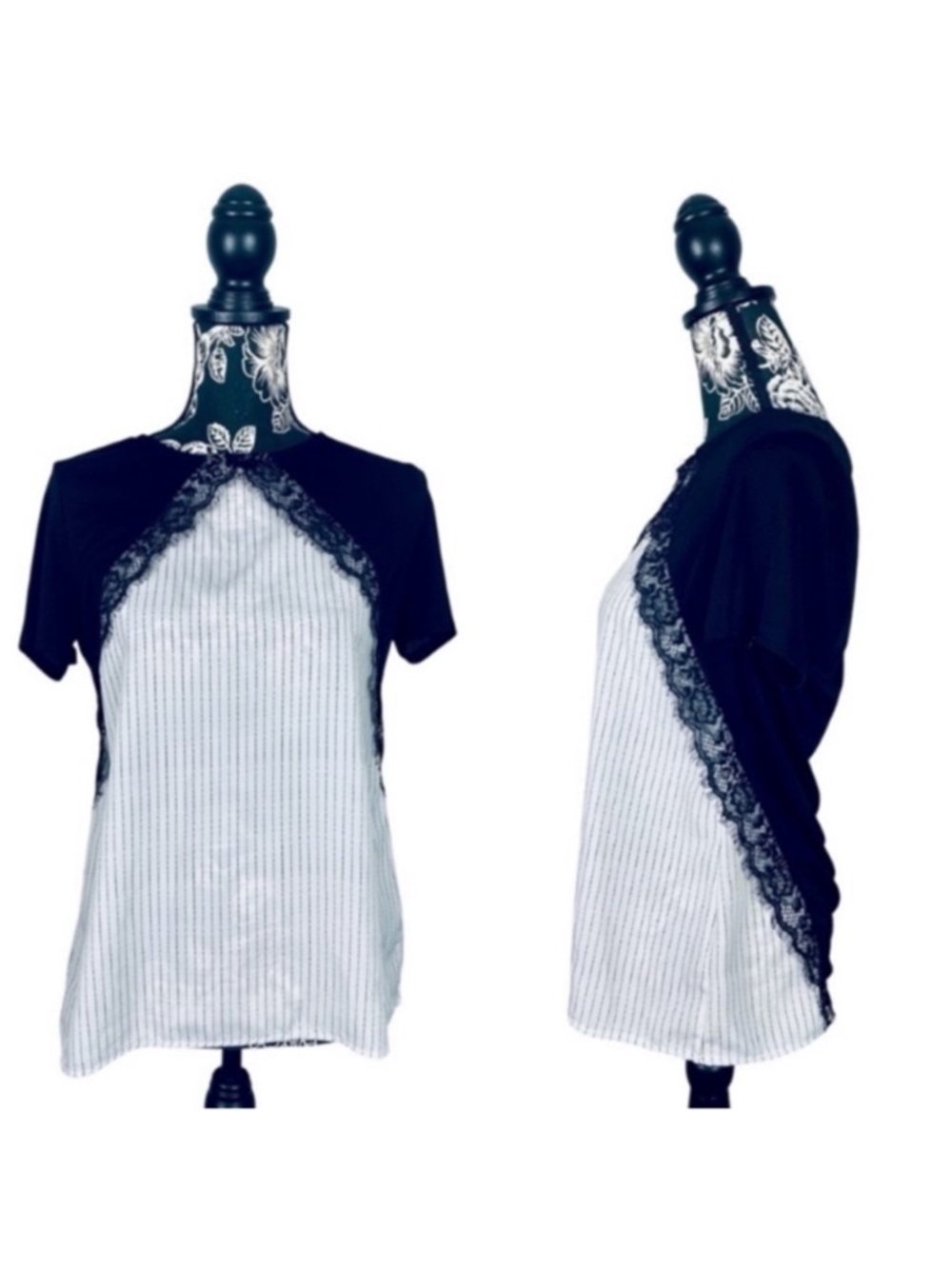 5 for $25 Worthington black/ white lace pinstripe stretch top size medium